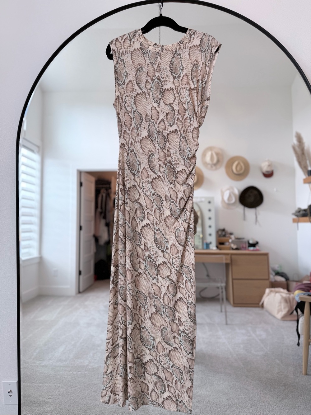Sleeveless Midi Dress in Neutral Snakeskin Print